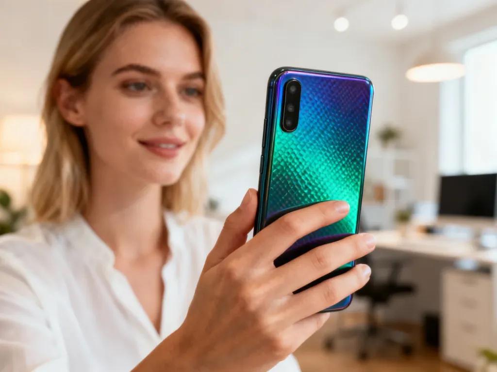 Smartfon Motorola g84 z teksturowaną obudową trzymany w dłoni na tle nowoczesnego biura.