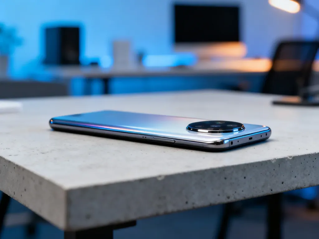 Smartfon Xiaomi Redmi Note 13 leżący na minimalistycznym biurku, prezentujący nowoczesny design i moduł aparatu.