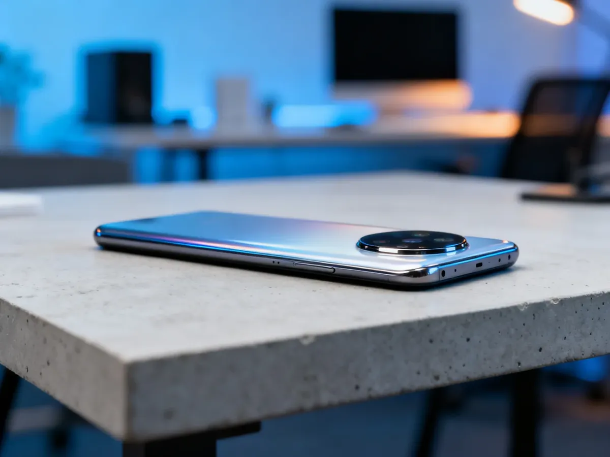 Smartfon Xiaomi Redmi Note 13 leżący na minimalistycznym biurku, prezentujący nowoczesny design i moduł aparatu.