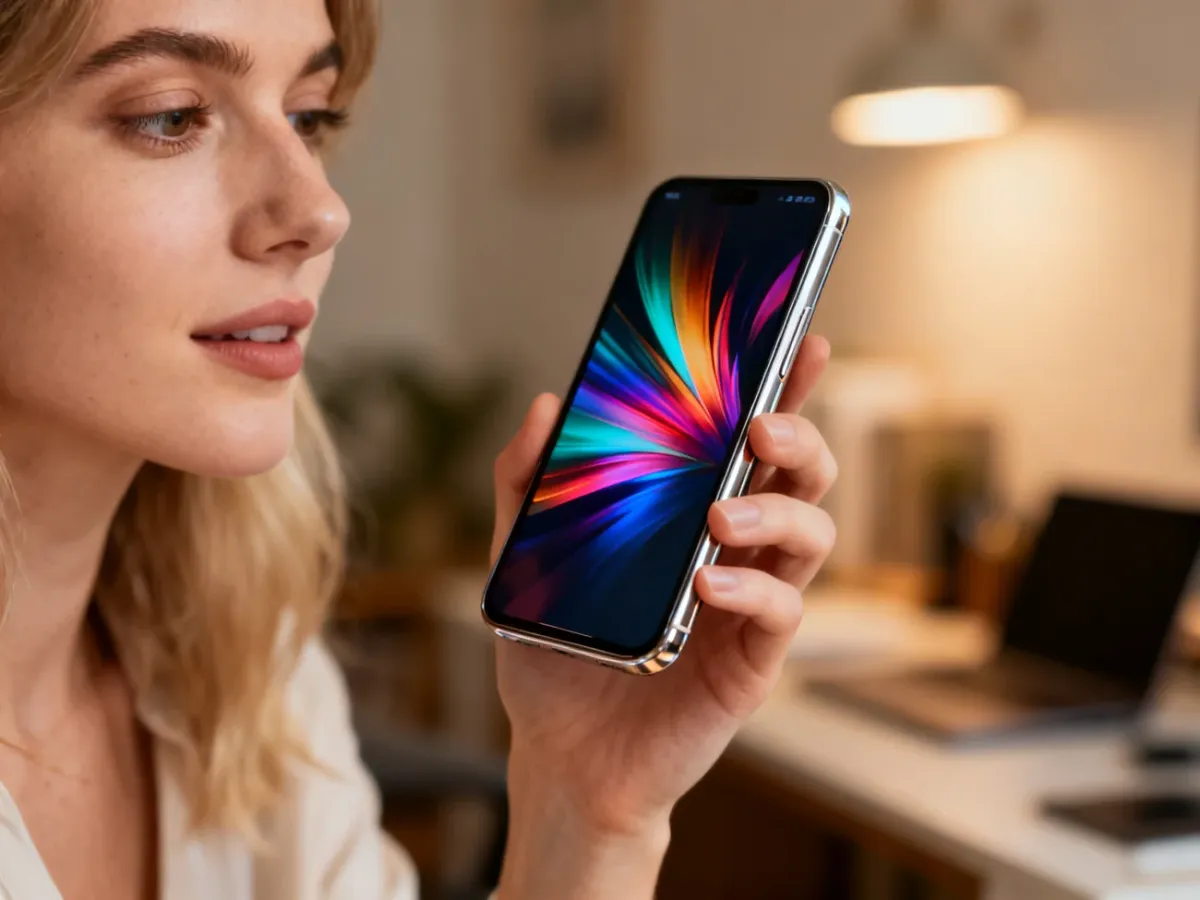 Kobieta trzymająca nowoczesny smartfon Redmi Note 12 Pro z wyraźnym, kolorowym wyświetlaczem w domowym biurze.