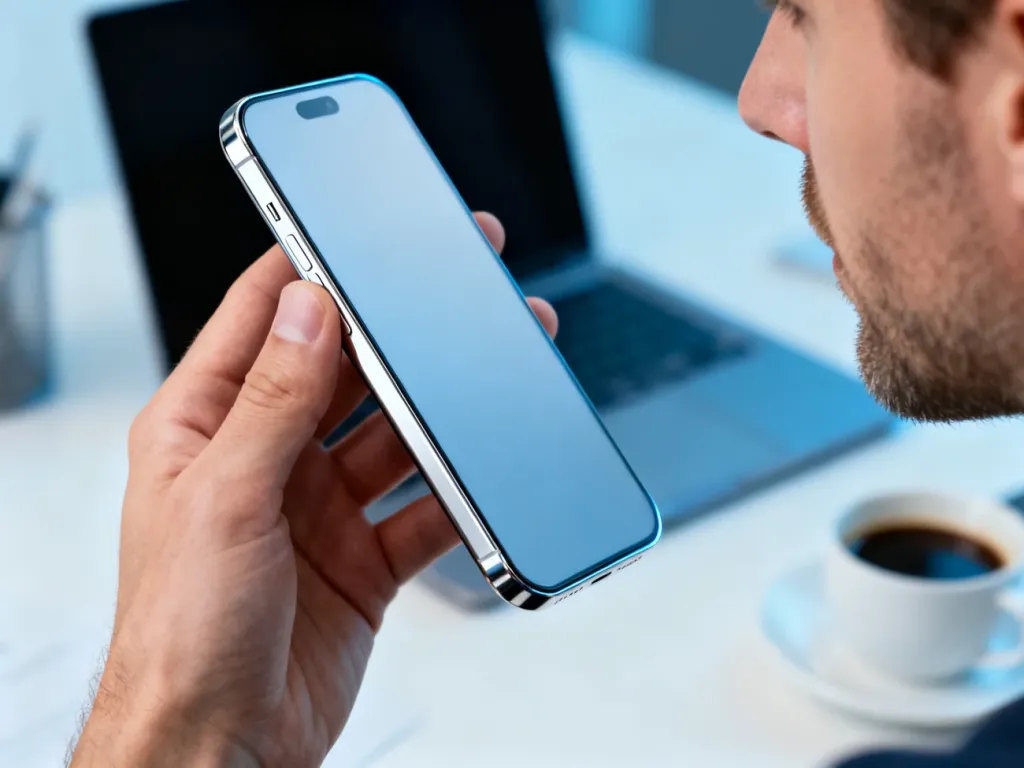 Nowoczesny smartfon Pixel 9a trzymany w dłoni na tle minimalistycznego biura. Elegancki design urządzenia w świetle studyjnym.
