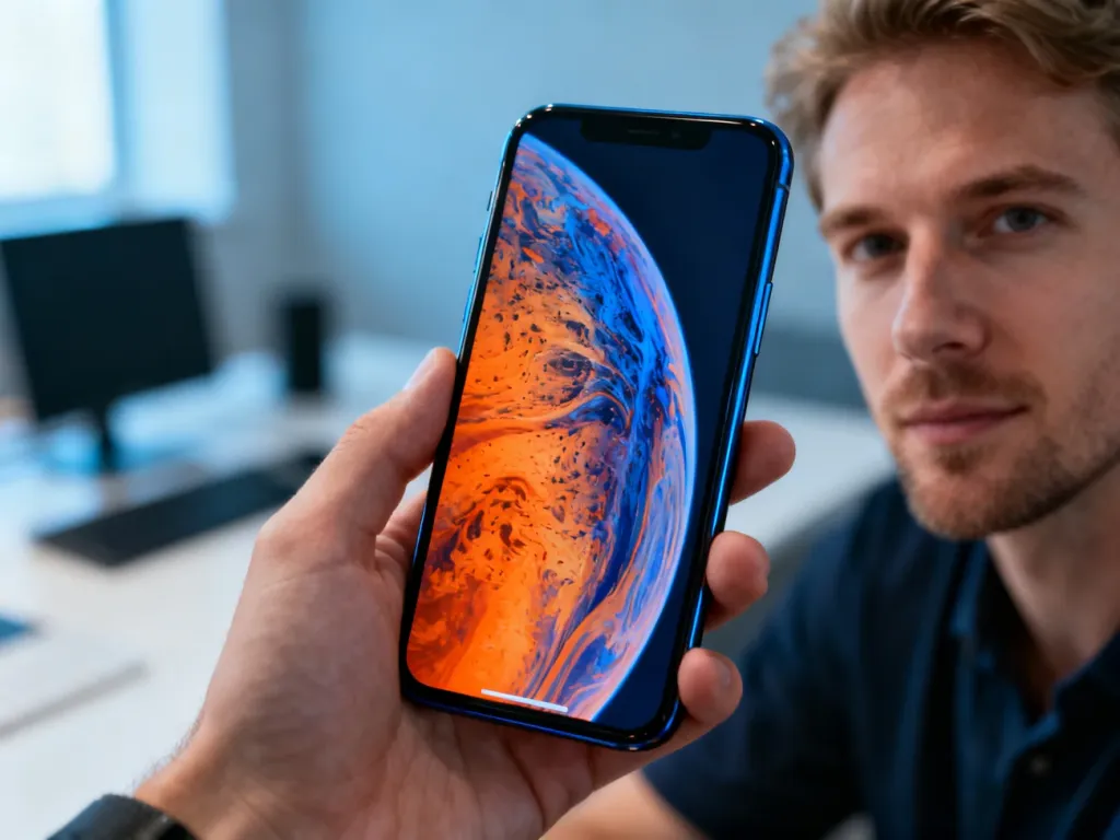 Smartfon Xiaomi Redmi Note 8 Pro trzymany w dłoni na tle minimalistycznego biura. Wyświetlacz prezentuje kolorową tapetę.