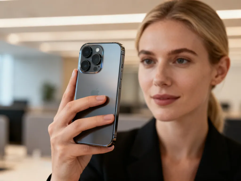 Kobieta trzymająca w dłoni nowoczesny smartfon Honor 200 z wyraźnie wyeksponowanym modułem aparatu w biurowym wnętrzu.