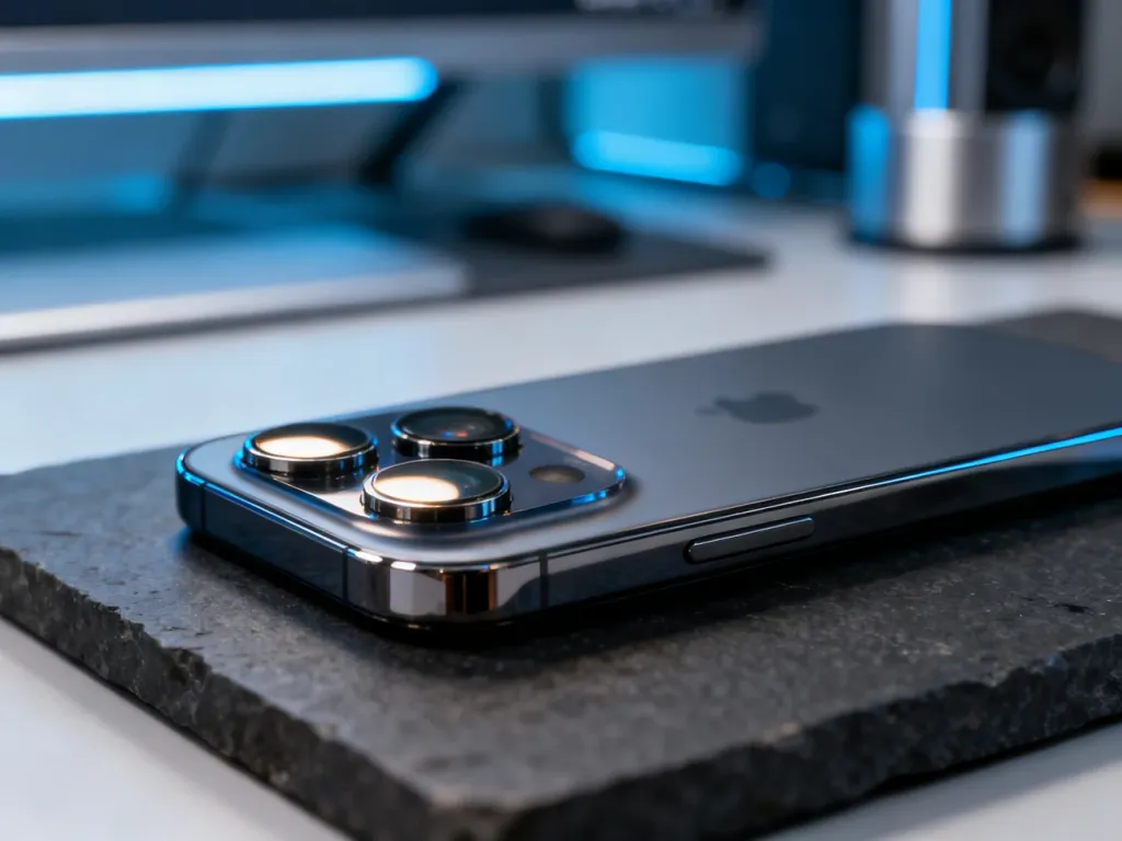 Zbliżenie na zaawansowany moduł aparatu smartfona Pixel 10 leżącego na minimalistycznym, ciemnym blacie.