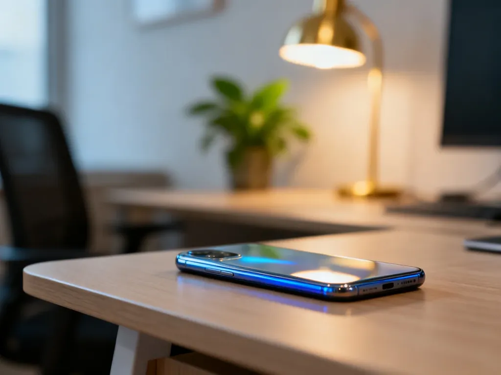 Smartfon Mi 9 Lite leżący na drewnianym biurku w nowoczesnym, domowym biurze. Elegancki design urządzenia w profesjonalnym ujęciu.