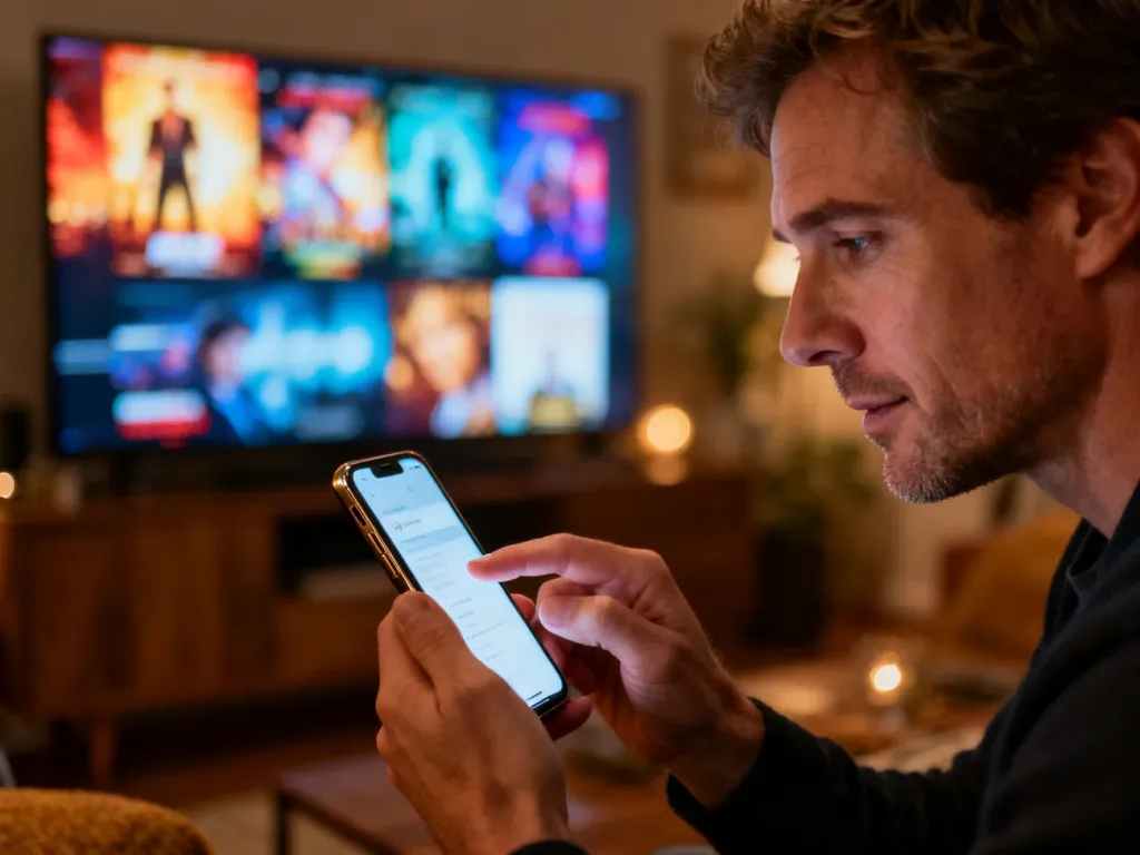 Mężczyzna loguje się do aplikacji Disney+ na smartfonie w przytulnym salonie z telewizorem w tle.
