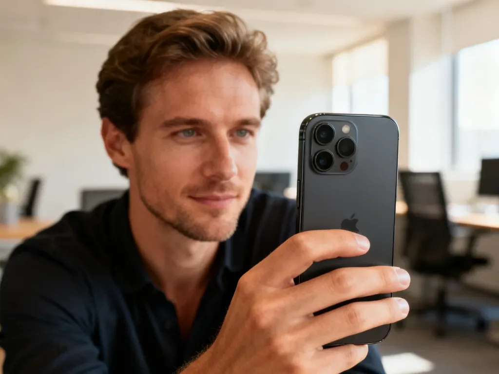 Mężczyzna trzymający w dłoni iPhone’a 12, prezentujący nowoczesny design oraz podwójny aparat smartfona.