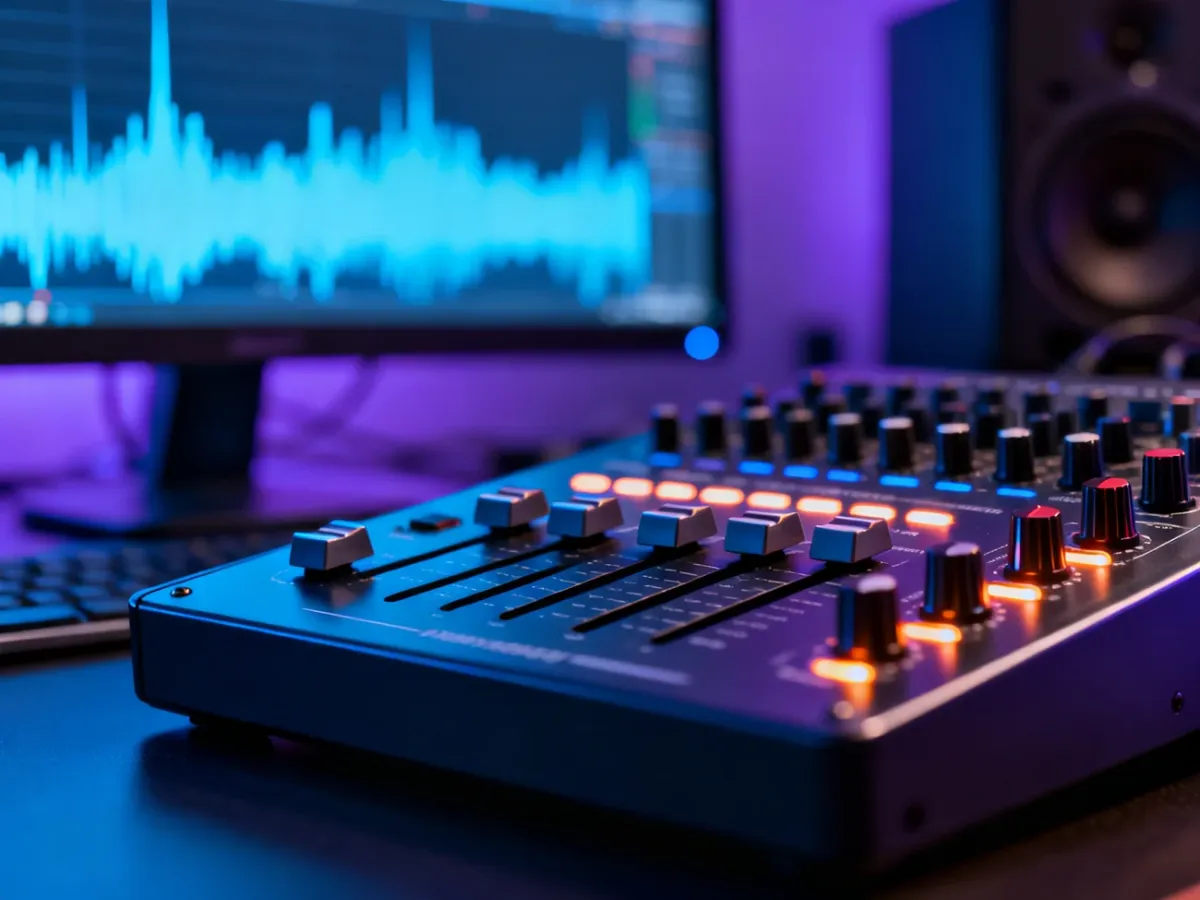 Profesjonalny interfejs audio z podświetlanymi pokrętłami i suwakami na tle monitora z wizualizacją fali dźwiękowej.