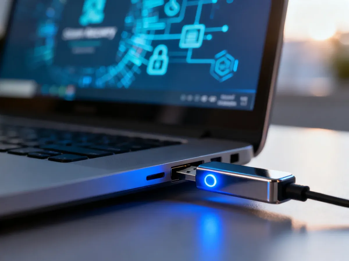 Pendrive wpięty do portu laptopa, gotowy do uruchomienia procesu naprawy systemu Windows 10.