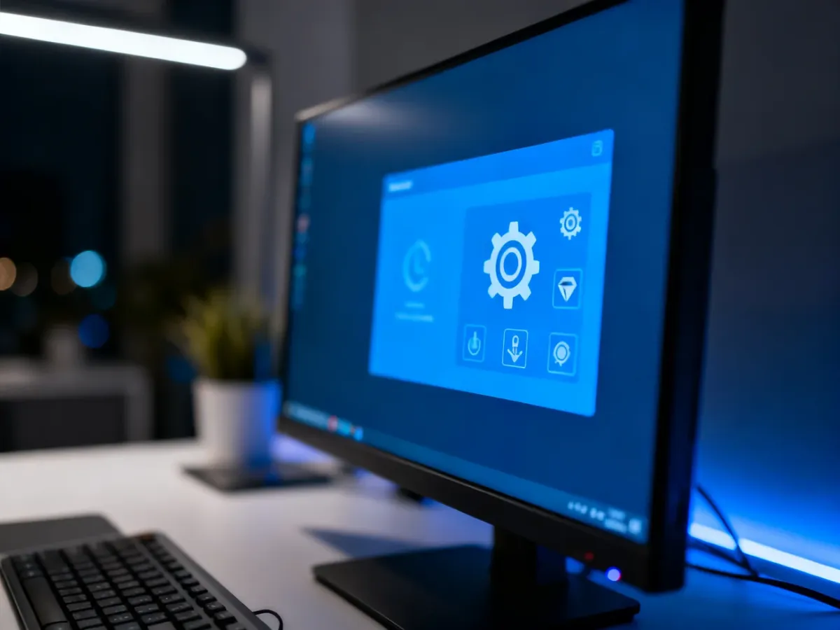 Niebieski ekran diagnostyczny systemu Windows na monitorze komputera w nowoczesnym biurze.