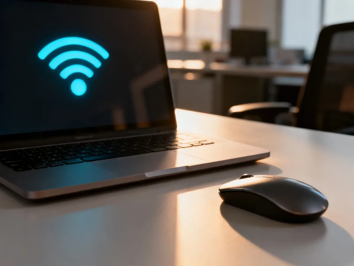 Zbliżenie na klawiaturę laptopa i ikonę sieci bezprzewodowej na ekranie, ilustrujące proces łączenia się z Wi-Fi w systemie Windows.
