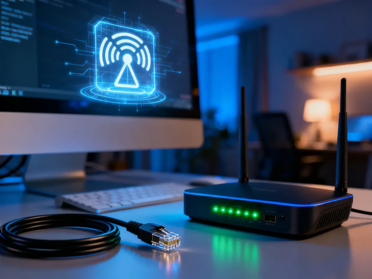 Nowoczesne stanowisko komputerowe z hologramem ikony sieci, kablem Ethernet i routerem, symbolizujące konfigurację połączenia.
