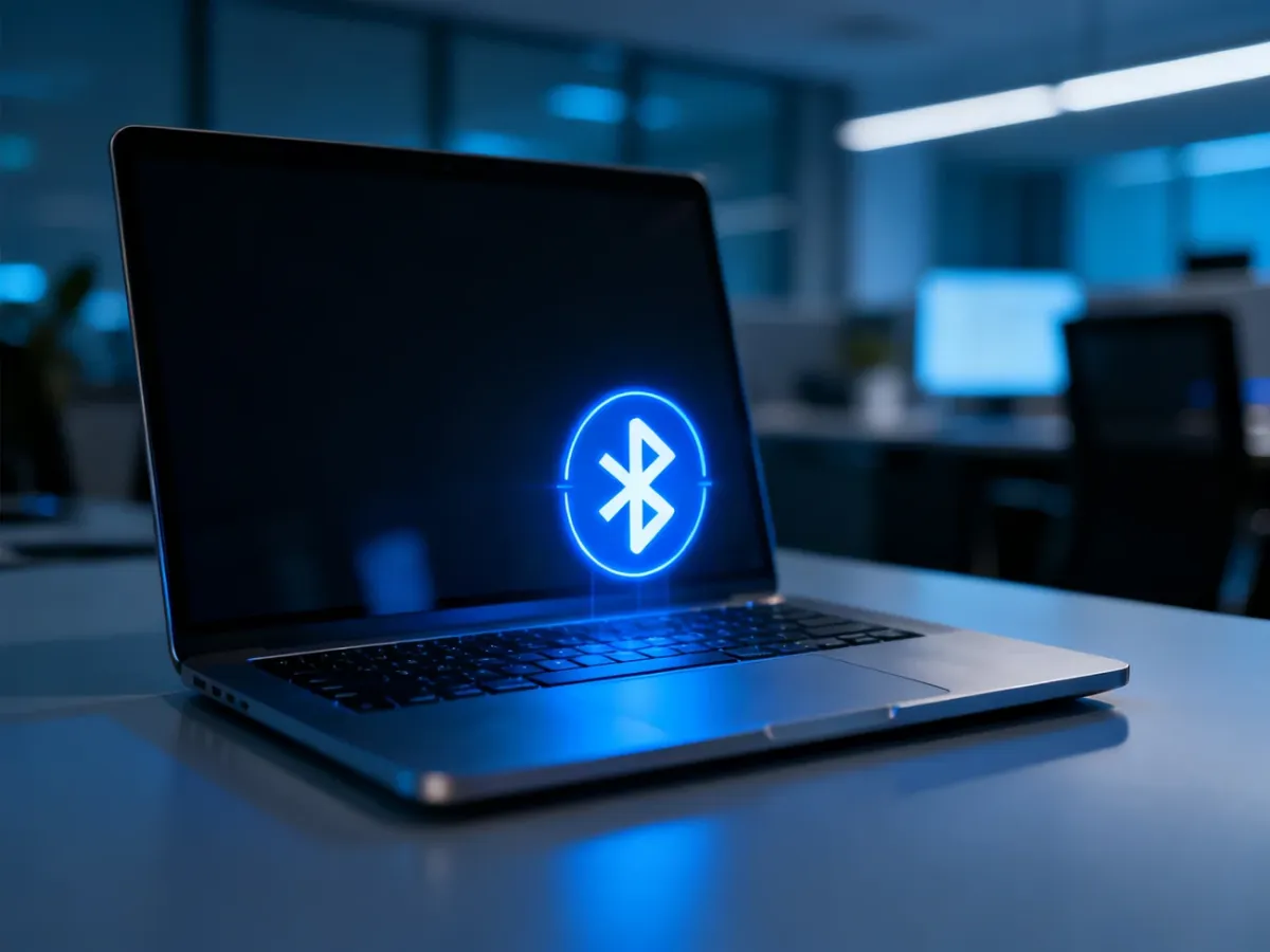 Nowoczesny laptop z hologramem ikony Bluetooth nad klawiaturą, symbolizujący proces instalacji sterowników w Windows 11.