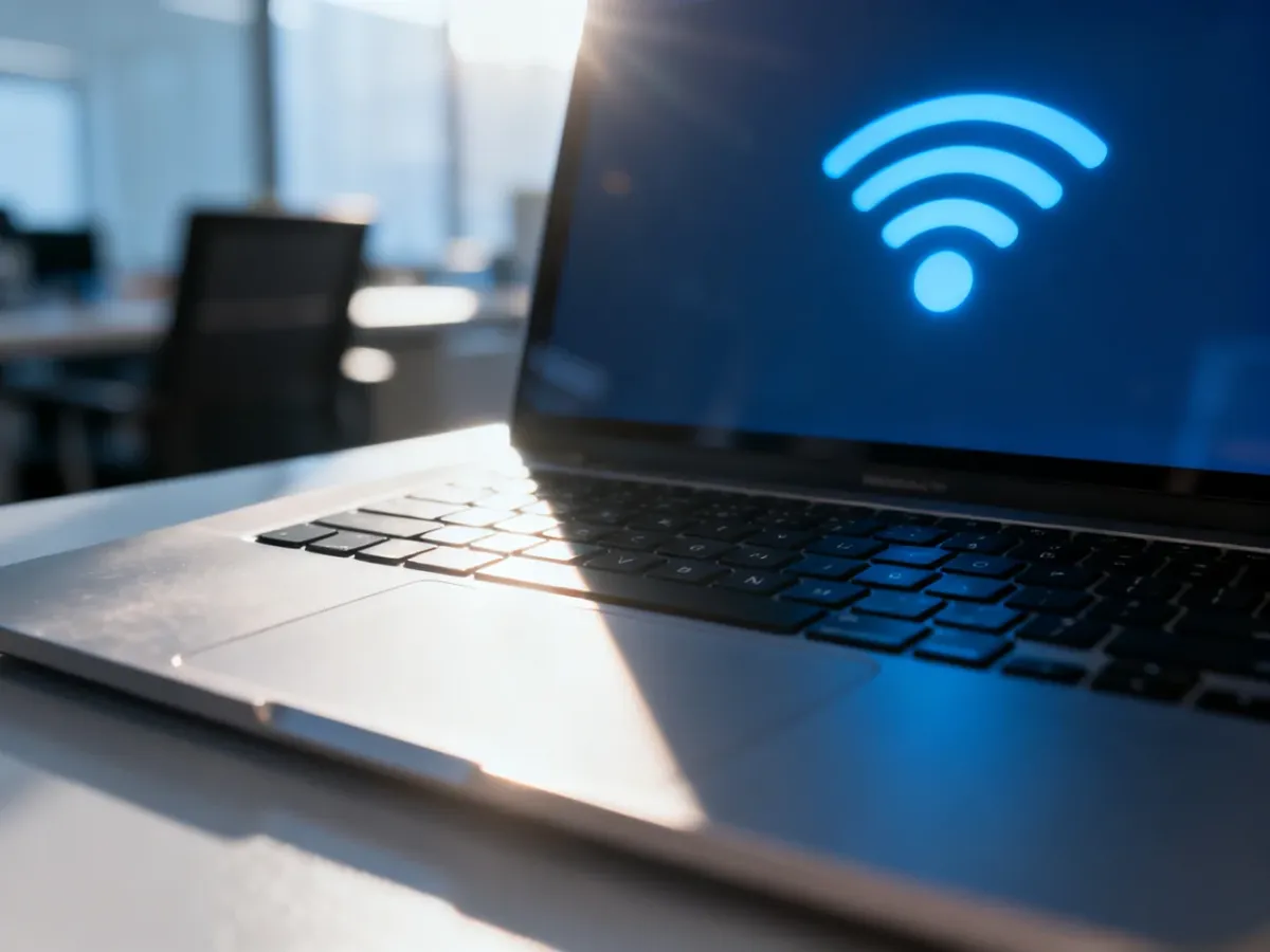 Nowoczesna klawiatura laptopa z podświetlaną ikoną łączności bezprzewodowej w tle, symbolizująca konfigurację Bluetooth.