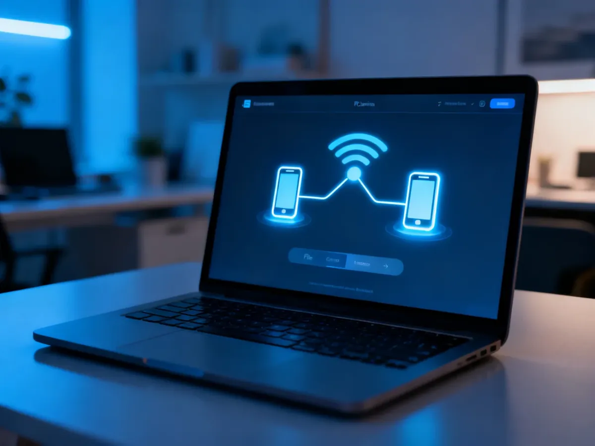 Ekran laptopa z interfejsem szybkiego udostępniania plików i ikonami urządzeń w nowoczesnym biurze.