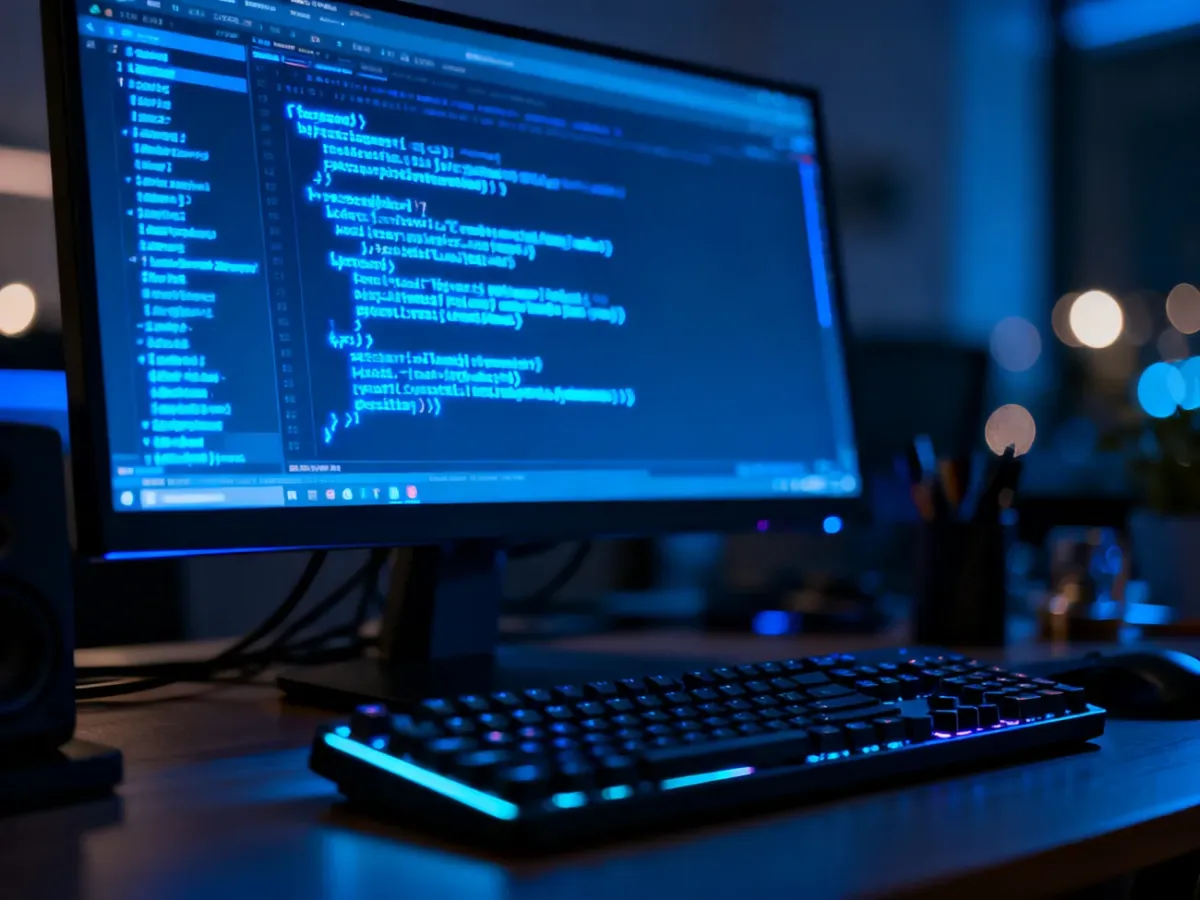 Monitor z kodem PowerShell w wierszu poleceń oraz nowoczesna klawiatura mechaniczna w profesjonalnym biurze.