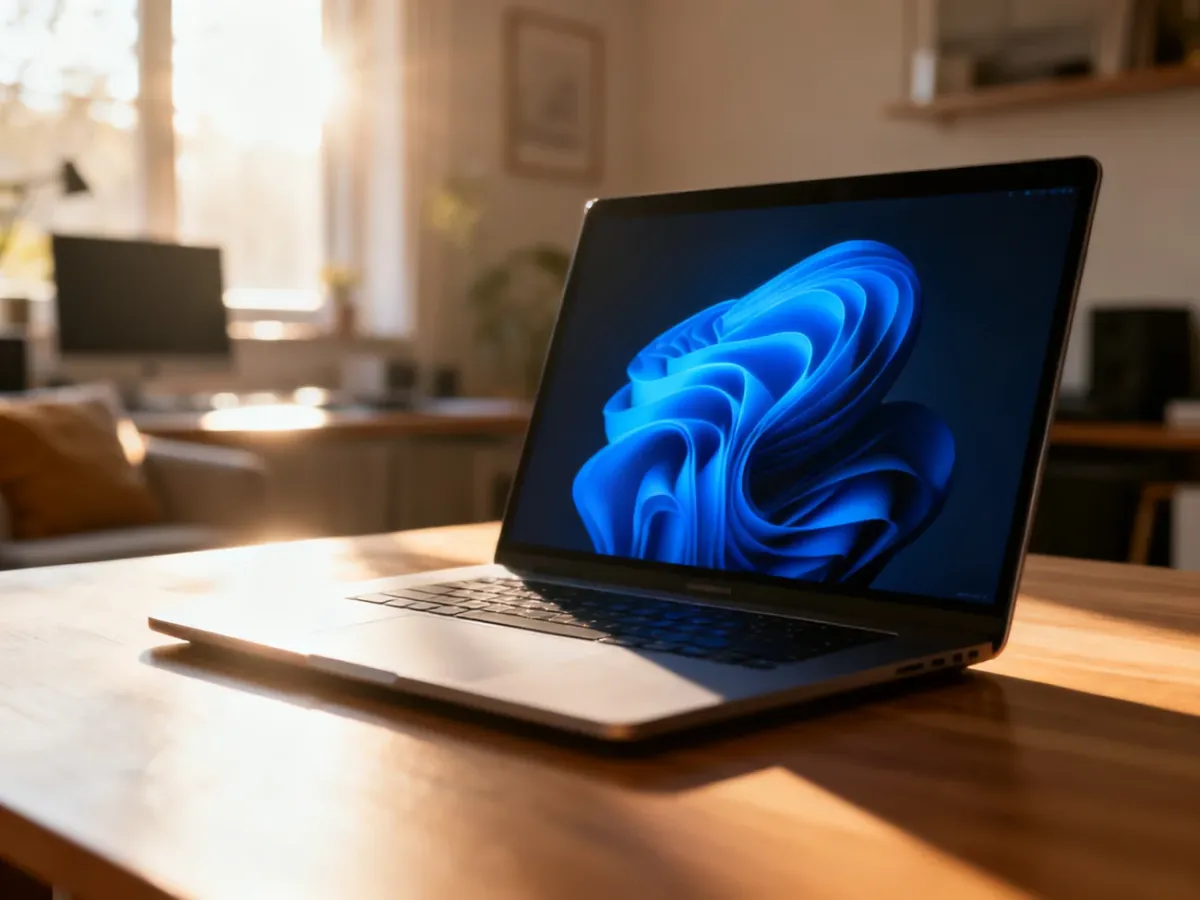 Nowoczesny laptop z podświetlanym ekranem na biurku w przytulnym domowym biurze.
