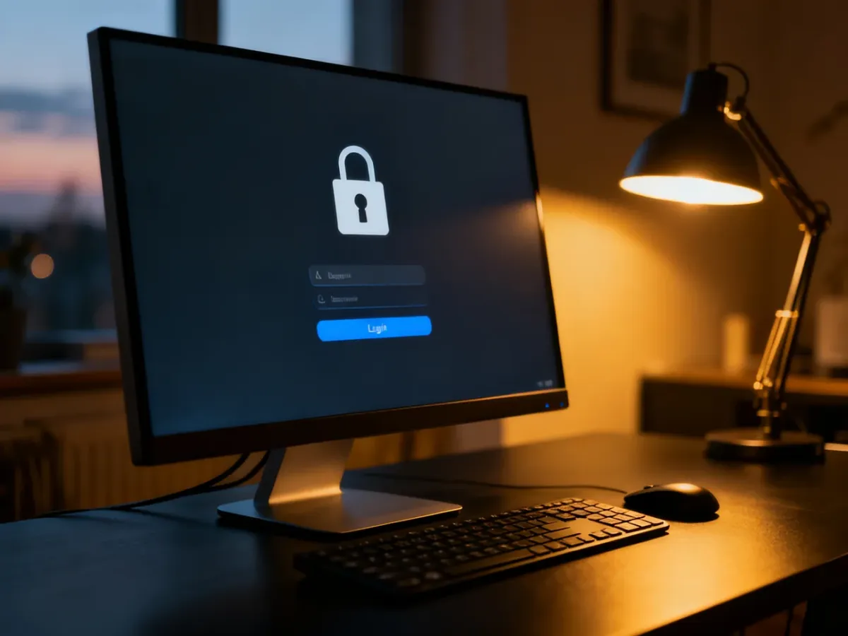Ekran logowania systemu Windows na monitorze komputera w przytulnym domowym biurze.