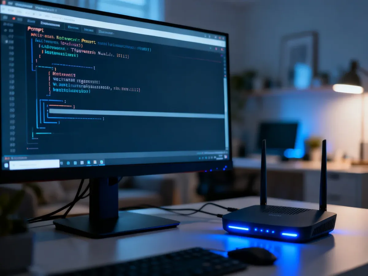 Ekran komputera z otwartym wierszem poleceń podczas diagnostyki sieci oraz router z migającymi diodami w tle.