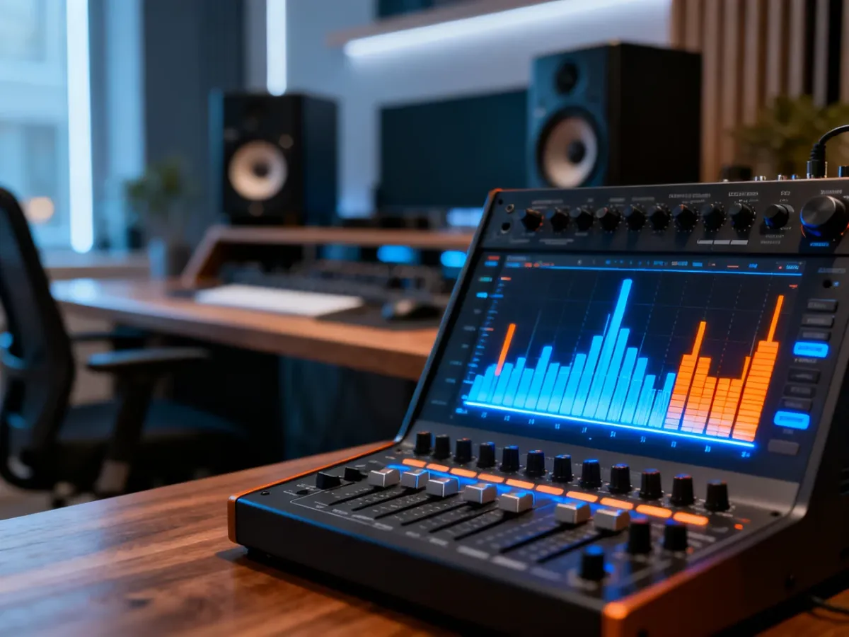 Profesjonalny interfejs audio z cyfrowym korektorem dźwięku na drewnianym biurku, gotowy do optymalizacji brzmienia w systemie.