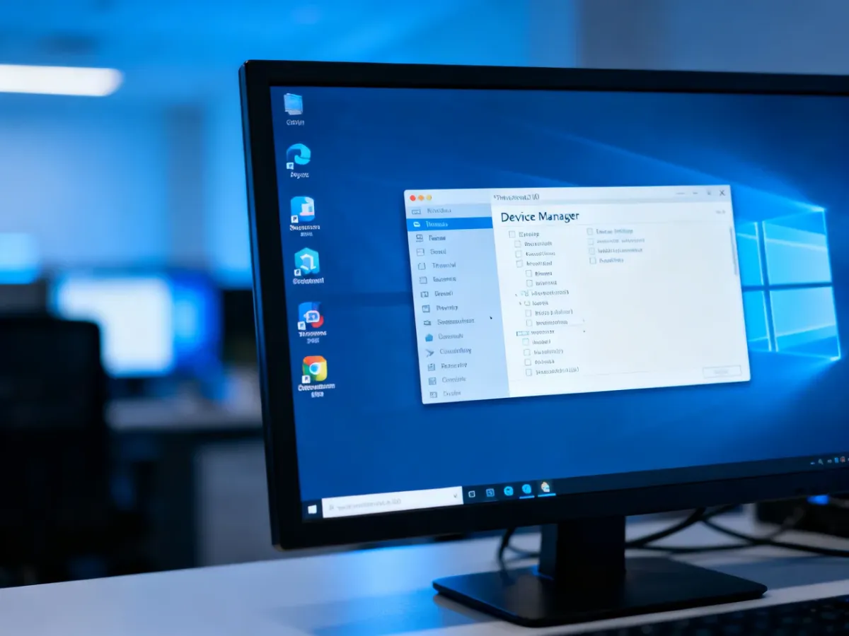Ekran komputera z otwartym oknem Menedżera urządzeń w systemie Windows 10 w nowoczesnym biurze.