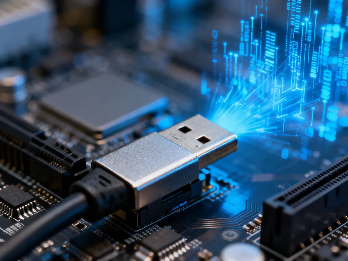 Podłączanie kabla USB do portu na płycie głównej komputera, symbolizujące proces instalacji sterowników.