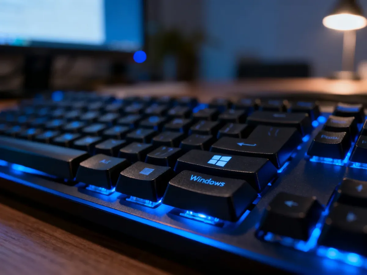 Zbliżenie na klawisz Windows na czarnej klawiaturze komputerowej w niebieskim oświetleniu.