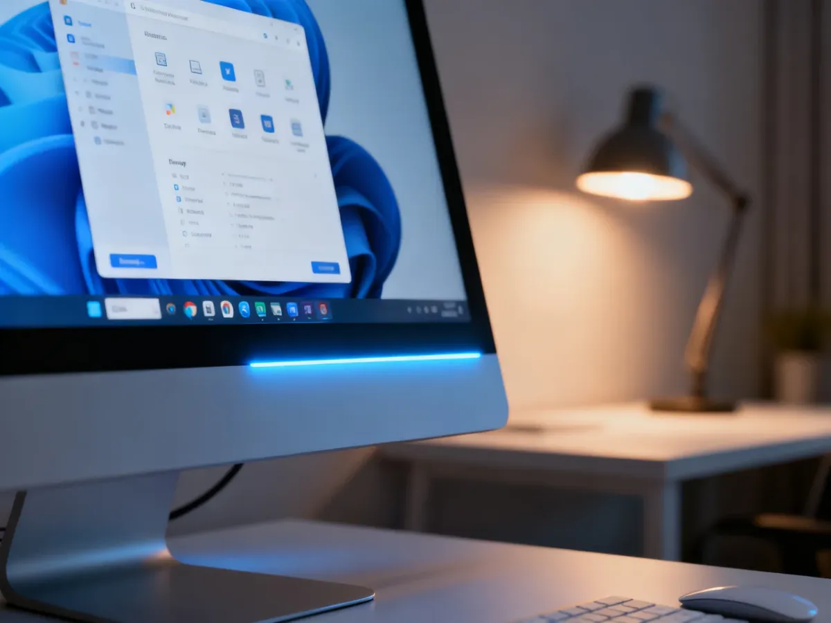 Nowoczesny monitor z widocznym paskiem zadań systemu Windows 11 w minimalistycznym biurze.