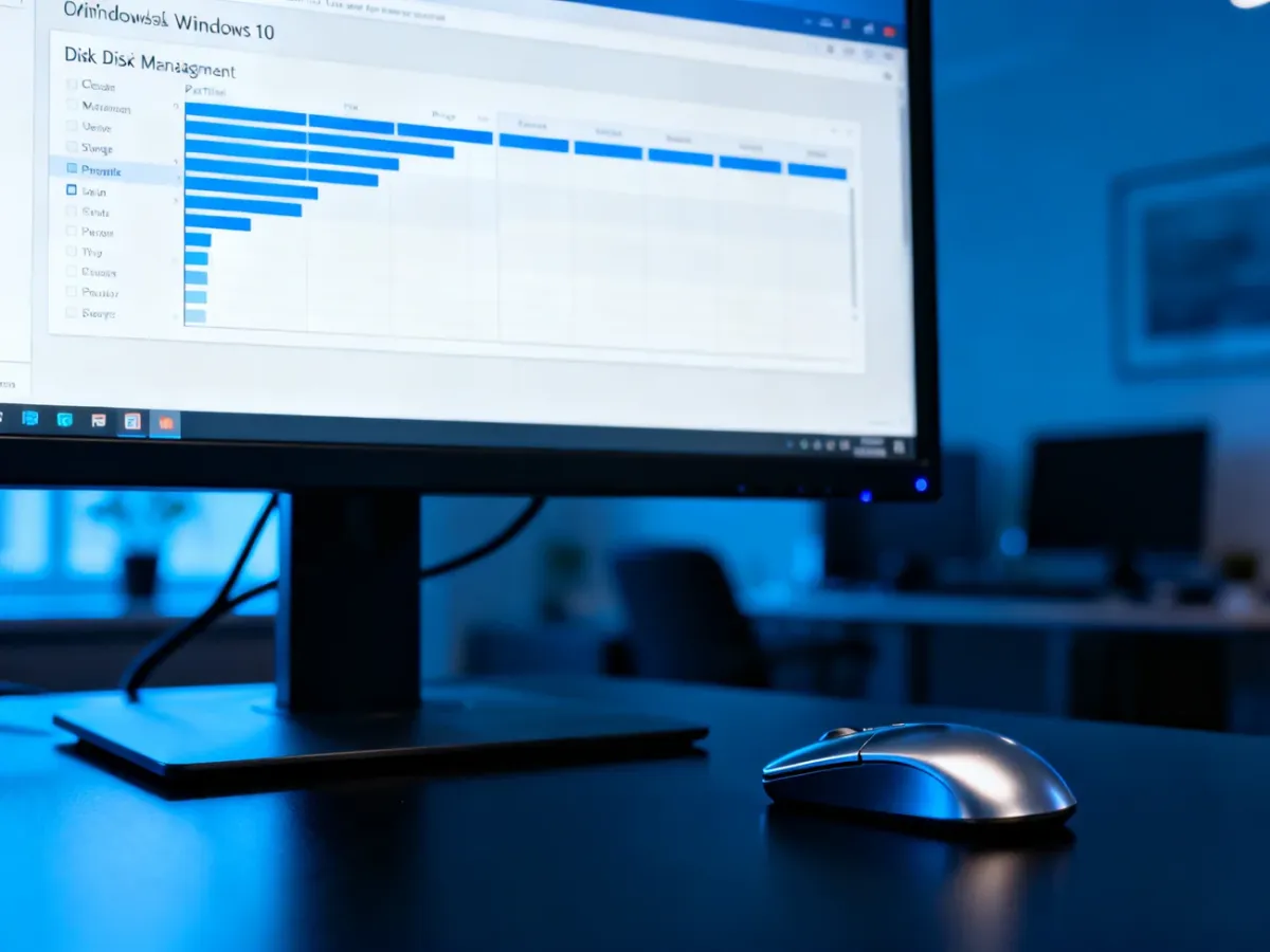 Ekran komputera z otwartym narzędziem do zarządzania dyskami w systemie Windows 10 oraz myszka na biurku.