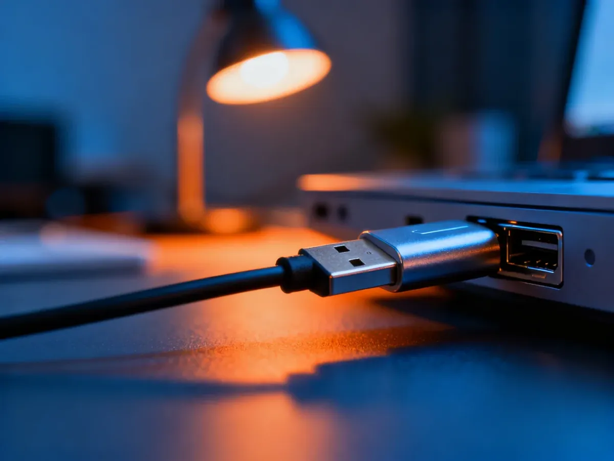 Wtyczka USB wkładana do portu komputera, ilustrująca proces podłączania urządzenia w systemie Windows 7.