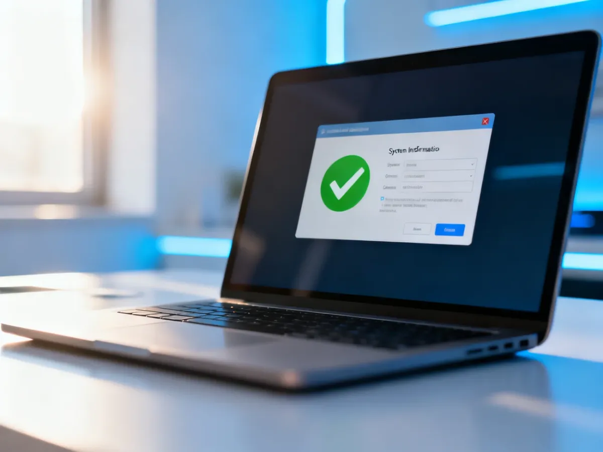 Ekran laptopa z zielonym znakiem potwierdzającym poprawną weryfikację wymagań systemowych Windows 11.