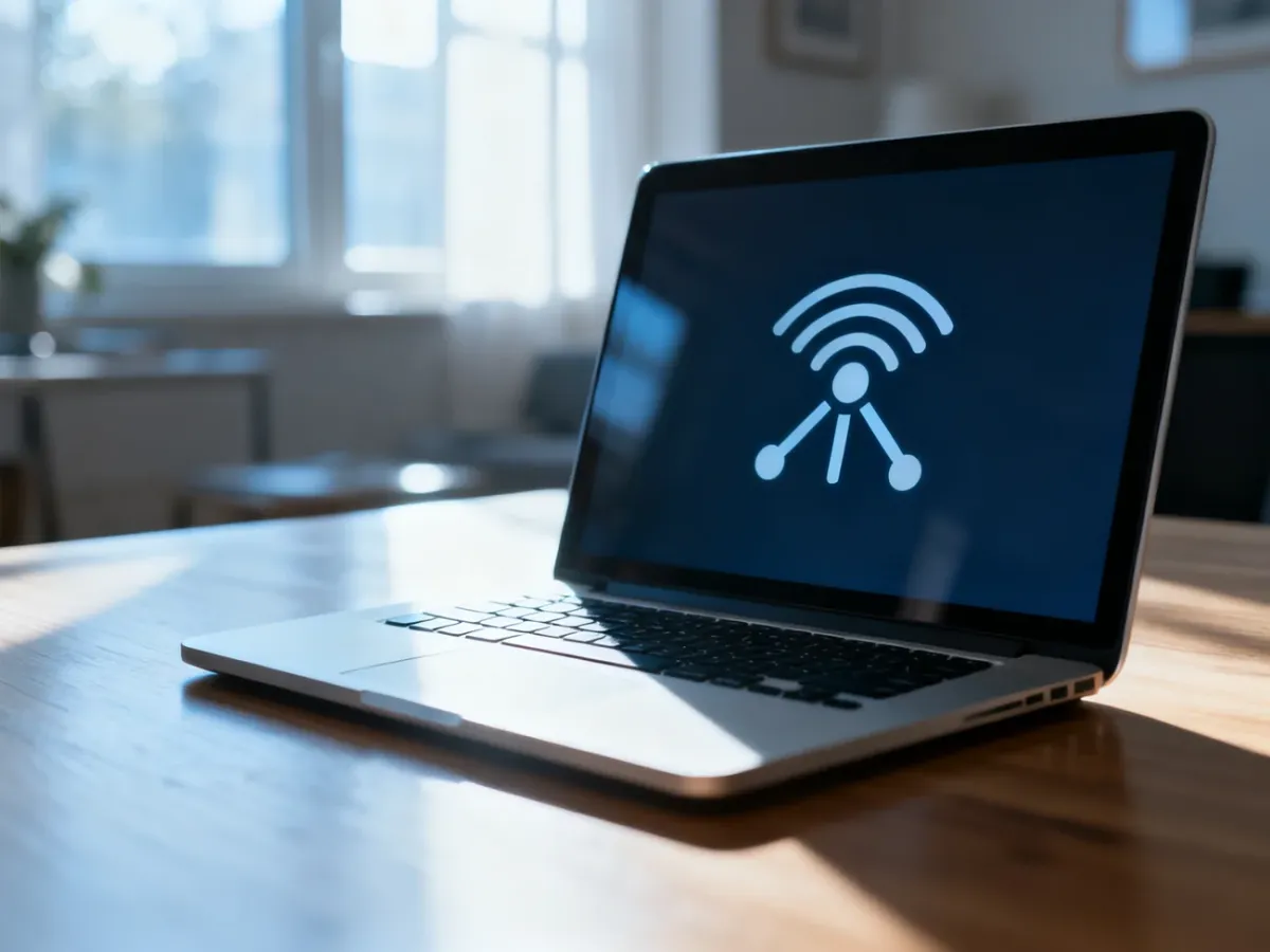 Nowoczesny laptop na drewnianym biurku z widoczną ikoną połączenia sieciowego na ekranie.