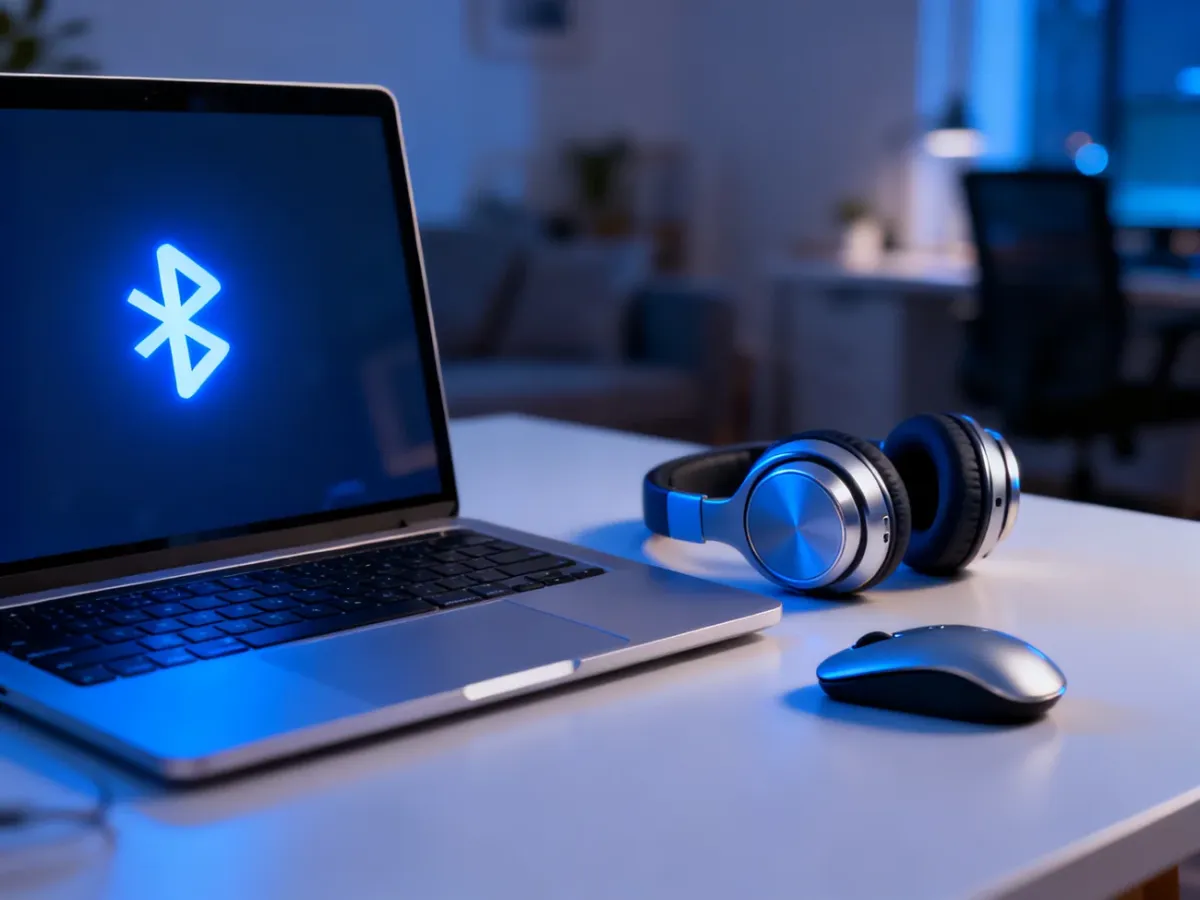 Nowoczesny laptop z ikoną Bluetooth, myszką i słuchawkami bezprzewodowymi na biurku, symbolizujący łączność urządzeń.