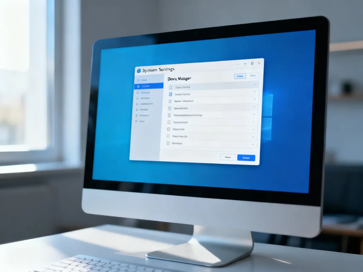 Ekran komputera z otwartym menedżerem urządzeń w systemie Windows 10, widoczny w minimalistycznym biurze.