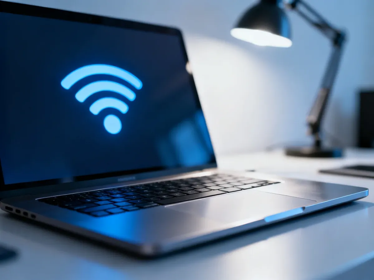 Nowoczesny laptop z podświetlaną ikoną Wi-Fi na ekranie, symbolizujący proces konfiguracji sieci w systemie Windows 11.