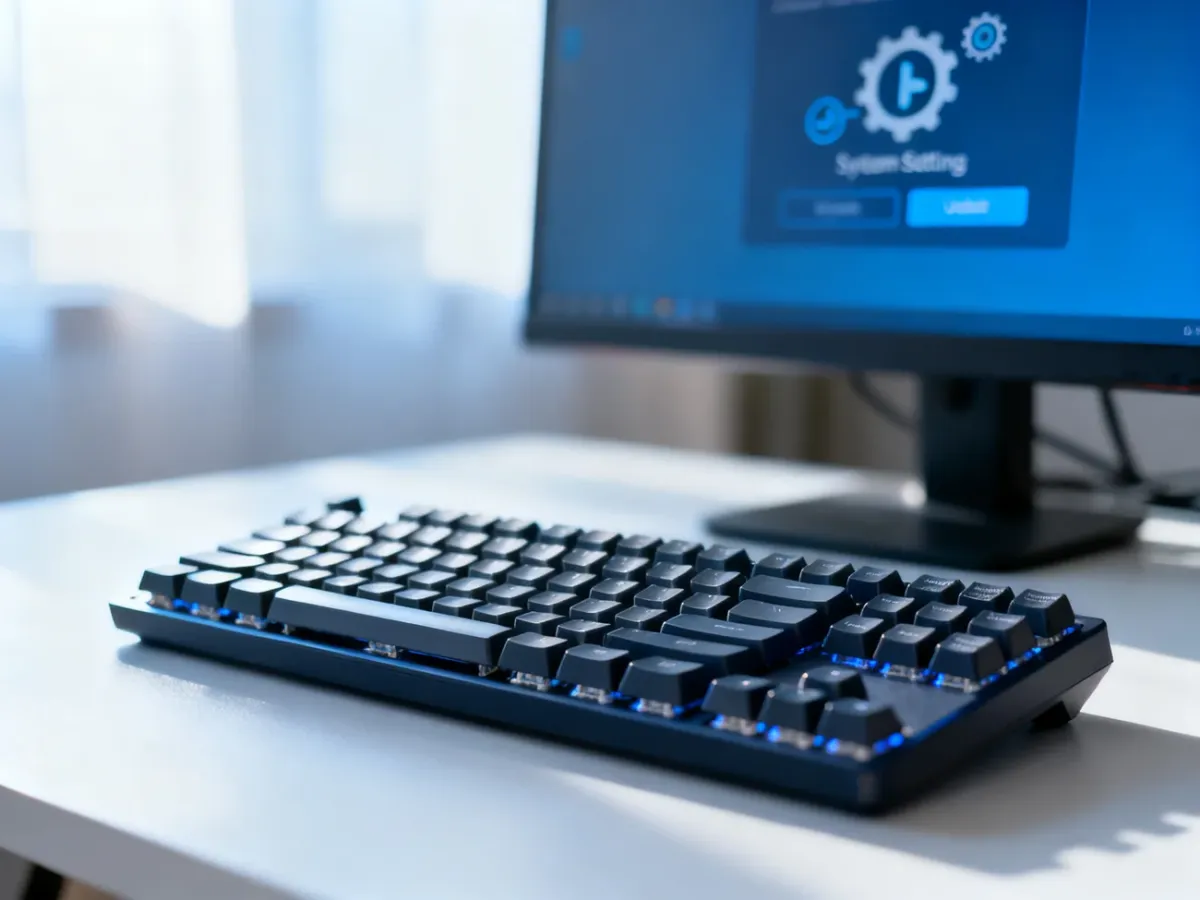 Nowoczesna klawiatura mechaniczna na biurku z rozmytym ekranem ustawień systemu Windows w tle.