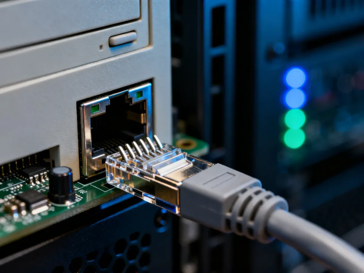 Wpinanie kabla sieciowego RJ45 do portu na płycie głównej komputera stacjonarnego.