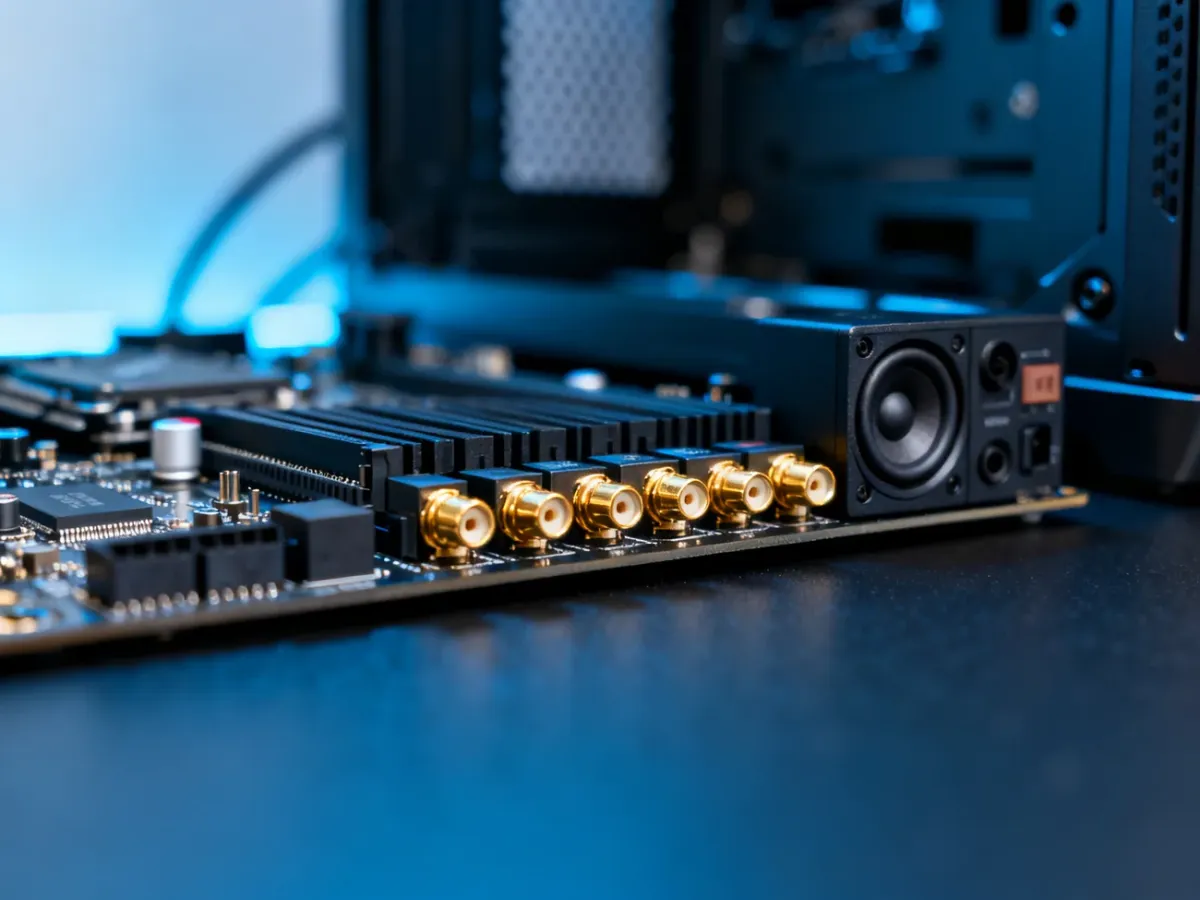 Zbliżenie na komponenty karty dźwiękowej na płycie głównej komputera, podkreślające wysoką jakość sprzętu audio.