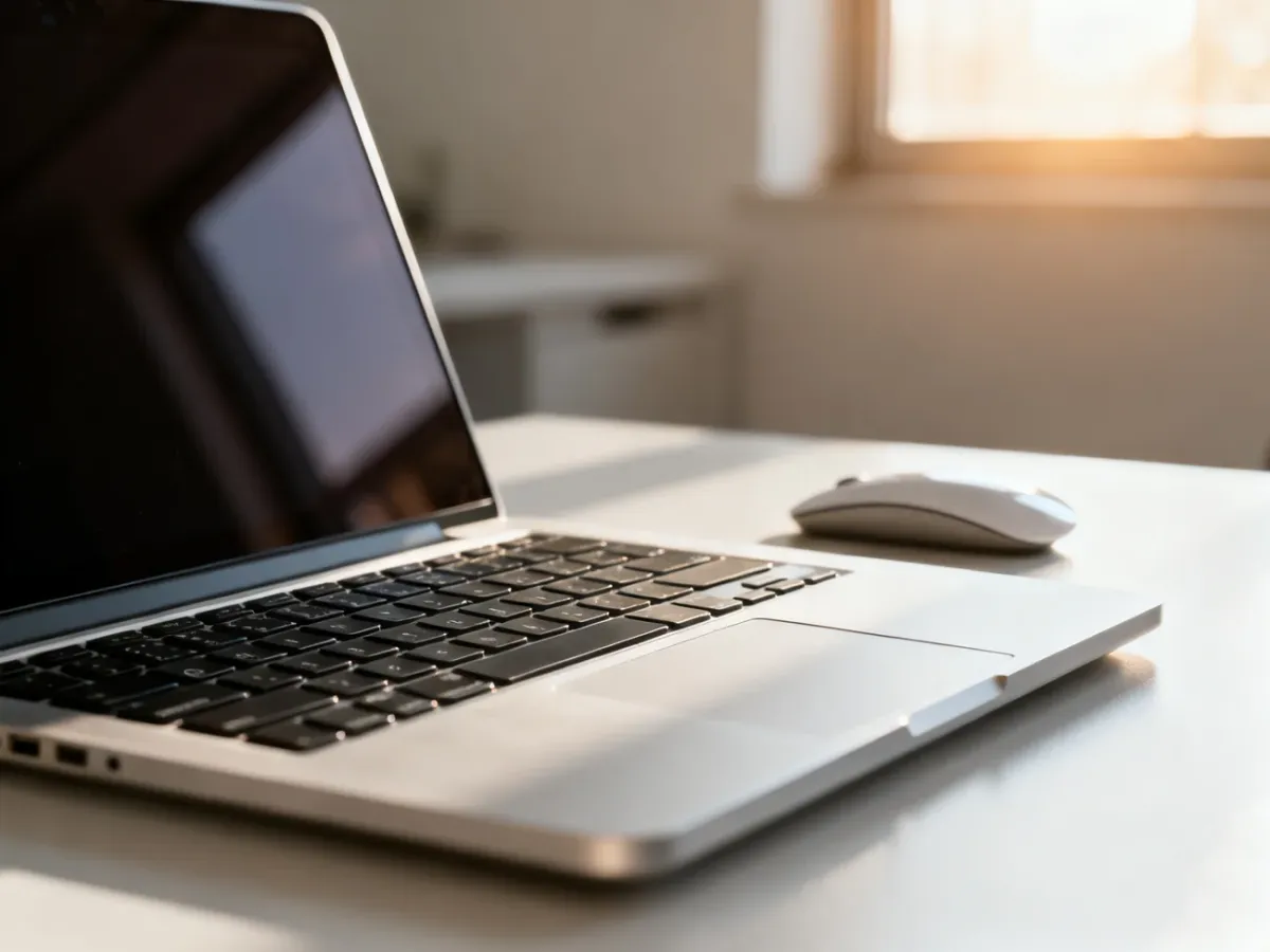Nowoczesny laptop na biurku w słonecznym biurze, gotowy do pracy i konfiguracji ustawień systemowych.