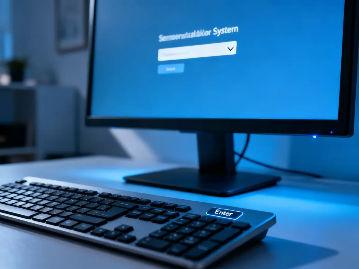 Ekran logowania do systemu Windows z kursorem w polu hasła oraz klawiatura z wyraźnym klawiszem Enter.