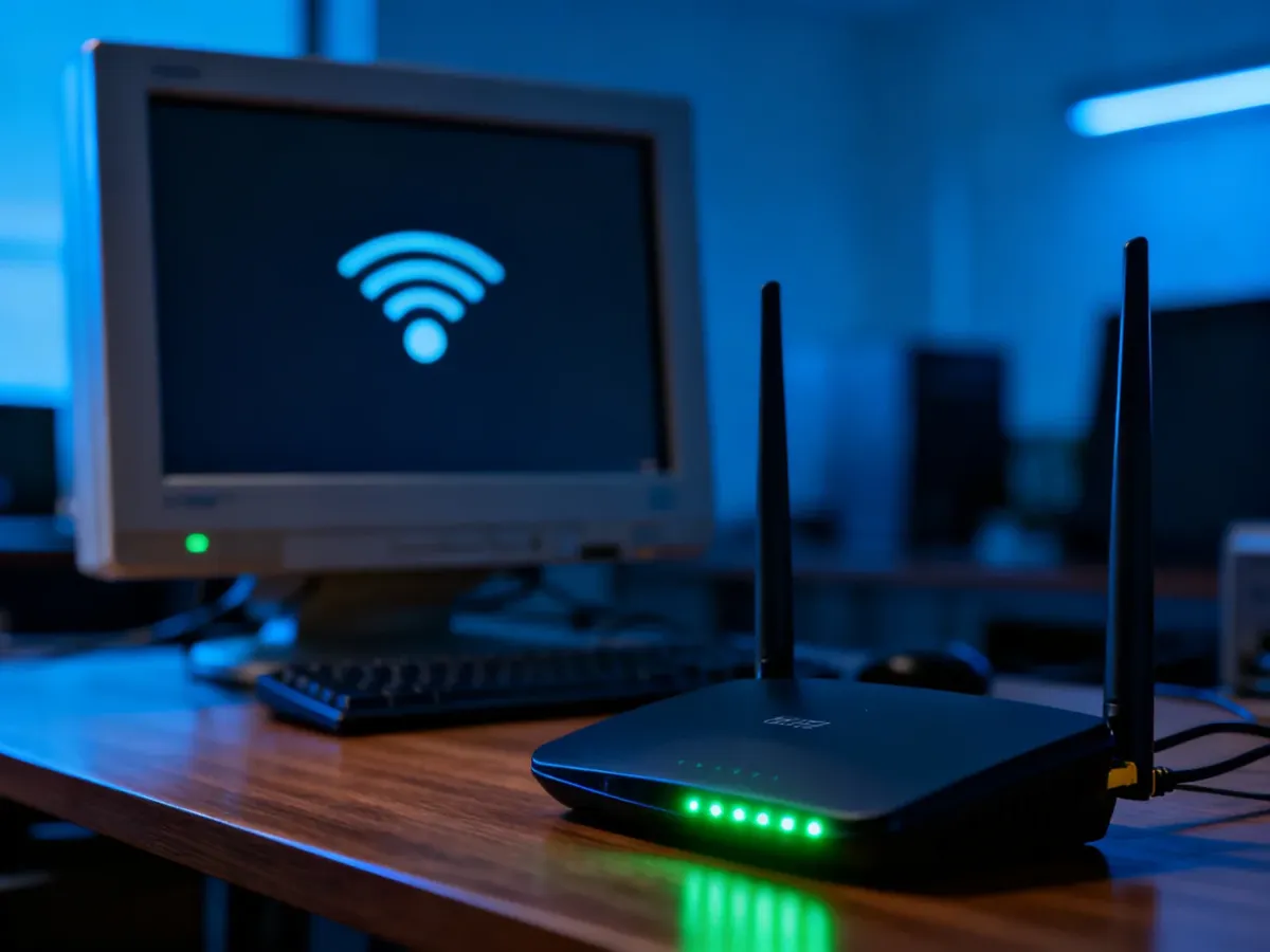 Nowoczesny router Wi-Fi z zielonymi diodami na tle monitora z ikoną połączenia sieciowego.