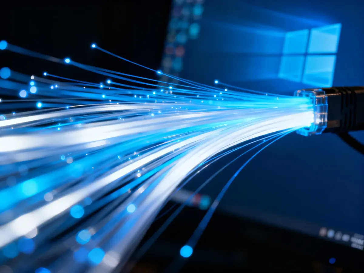 Abstrakcyjna wizualizacja światłowodów przesyłających dane, symbolizująca szybkie łącze internetowe w systemie Windows 11.
