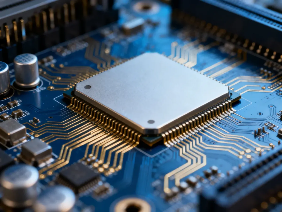 Zbliżenie na płytę główną komputera z widocznymi układami scalonymi i ścieżkami, podkreślające zaawansowaną technologię.