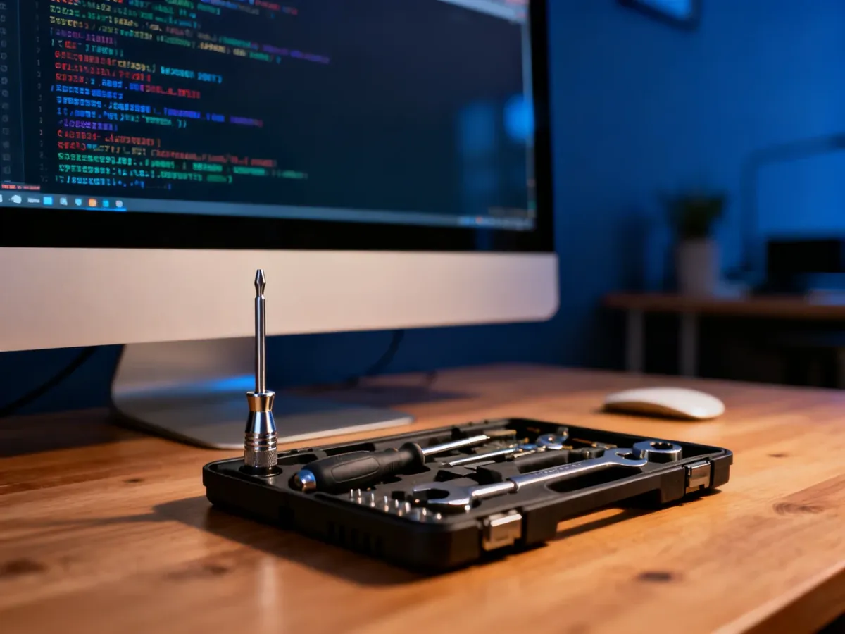 Narzędzia naprawcze leżące na biurku obok monitora wyświetlającego błąd systemowy Windows 10.