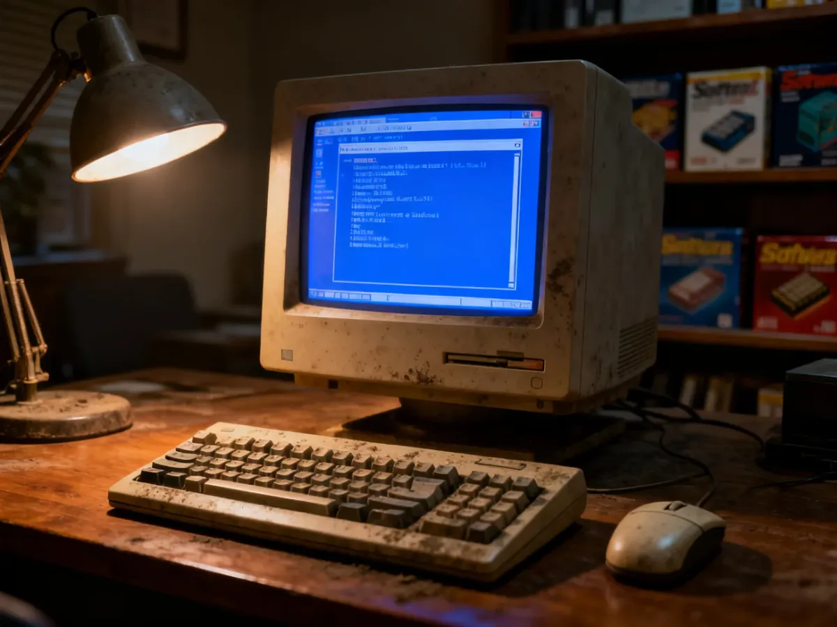 Stary monitor z systemem Windows na biurku w przytulnym gabinecie, przywołujący nostalgię za dawną konfiguracją komputera.