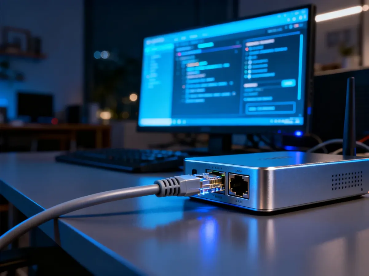 Kabel Ethernet wpięty do karty sieciowej komputera z widocznymi na monitorze ustawieniami sieci w systemie Windows.