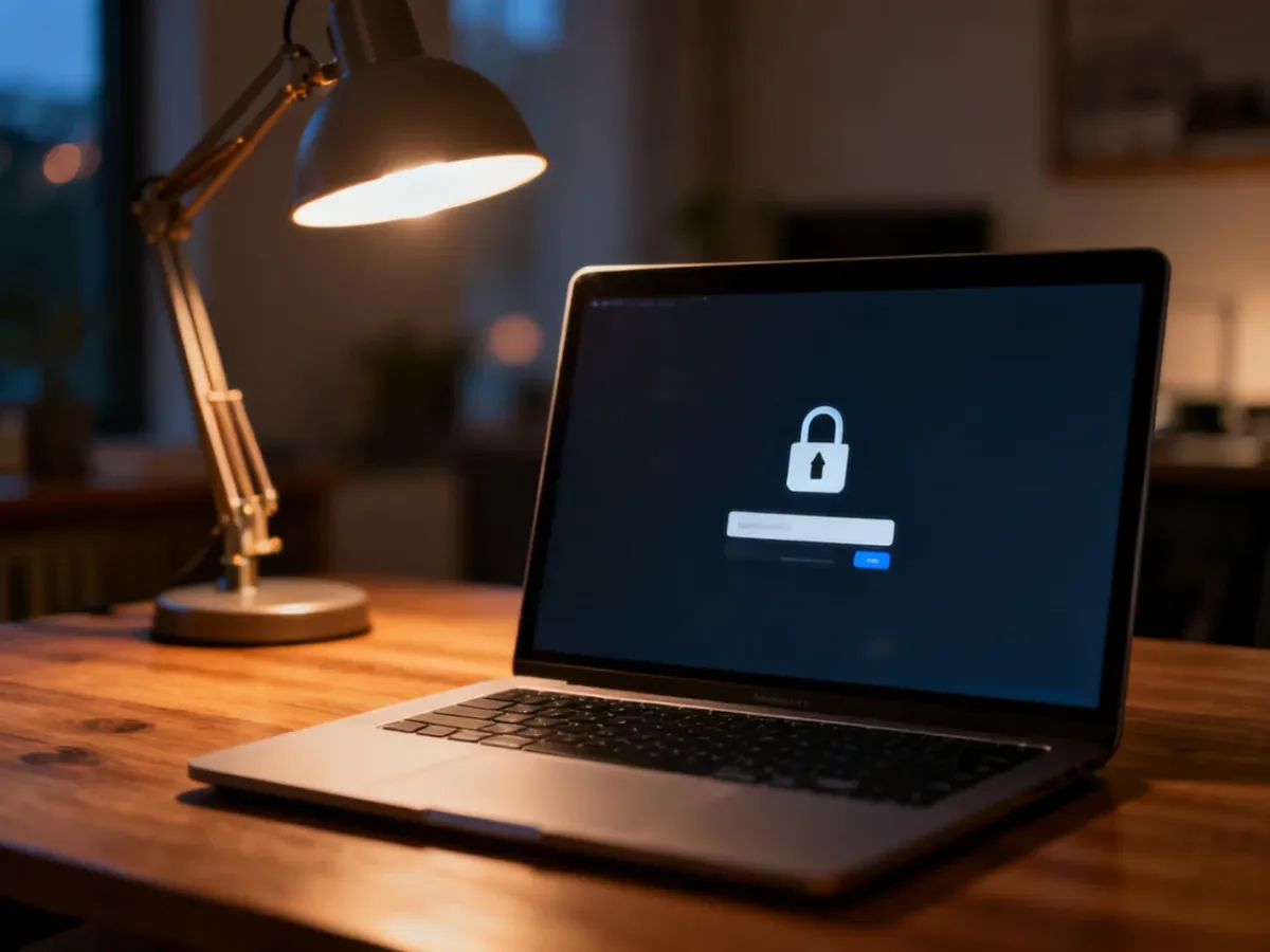 Ekran logowania systemu Windows na laptopie ustawionym na biurku w domowym gabinecie.