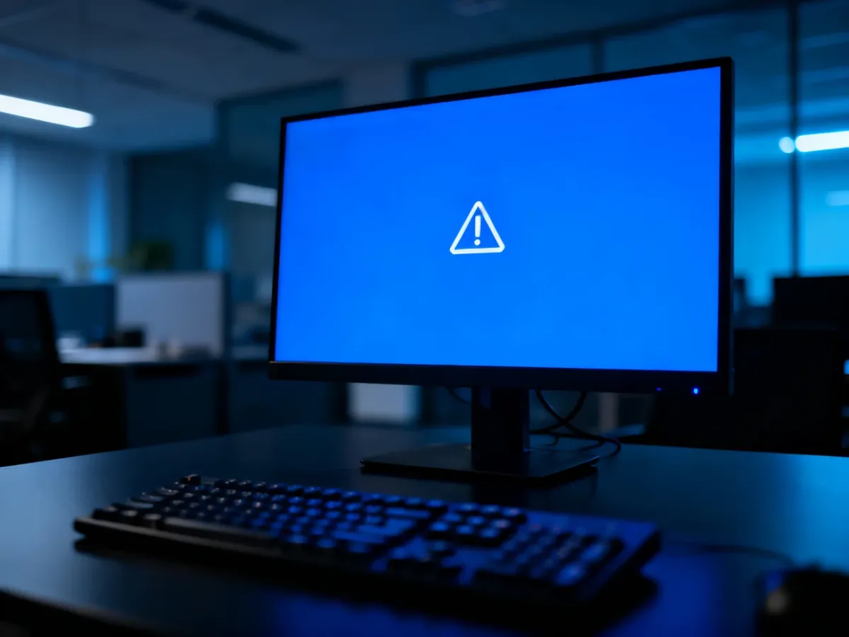 Niebieski ekran śmierci na monitorze komputera w biurze, symbolizujący awarię systemu Windows.