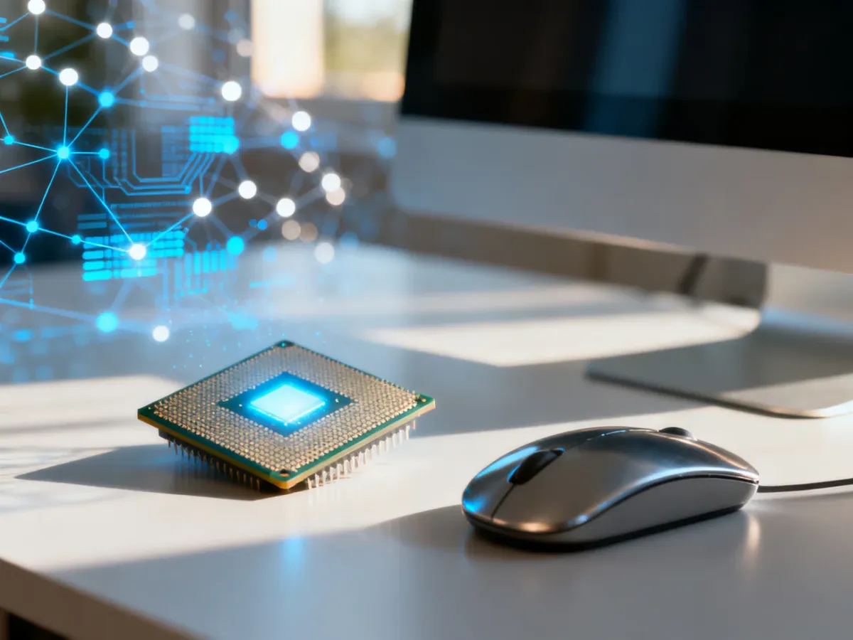 Nowoczesne stanowisko komputerowe z podzespołami na tle cyfrowej sieci, ilustrujące wymagania systemowe Windows 10.