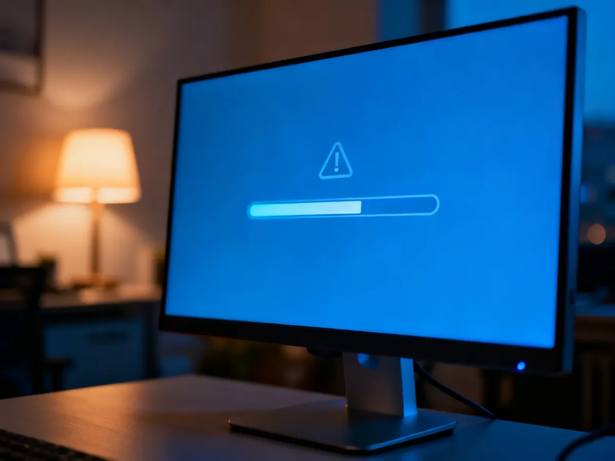 Pasek postępu aktualizacji systemu Windows z ikoną błędu na ekranie monitora w domowym biurze.